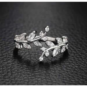 Elegant Finger Ring Leaf Shape With Zircon Adjustable Open Cuff Ring